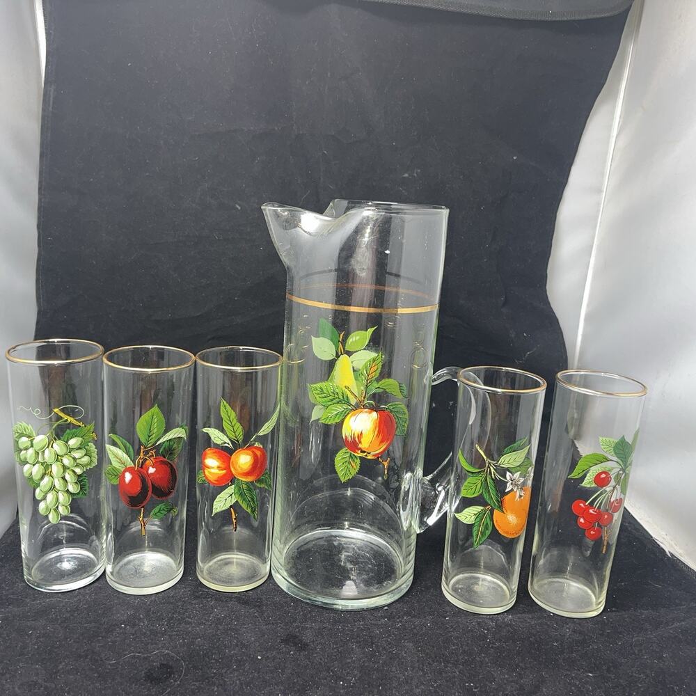 Vintage MCM Collins Pitcher w/ 5 Glasses West Virginia Glass Co. 1950